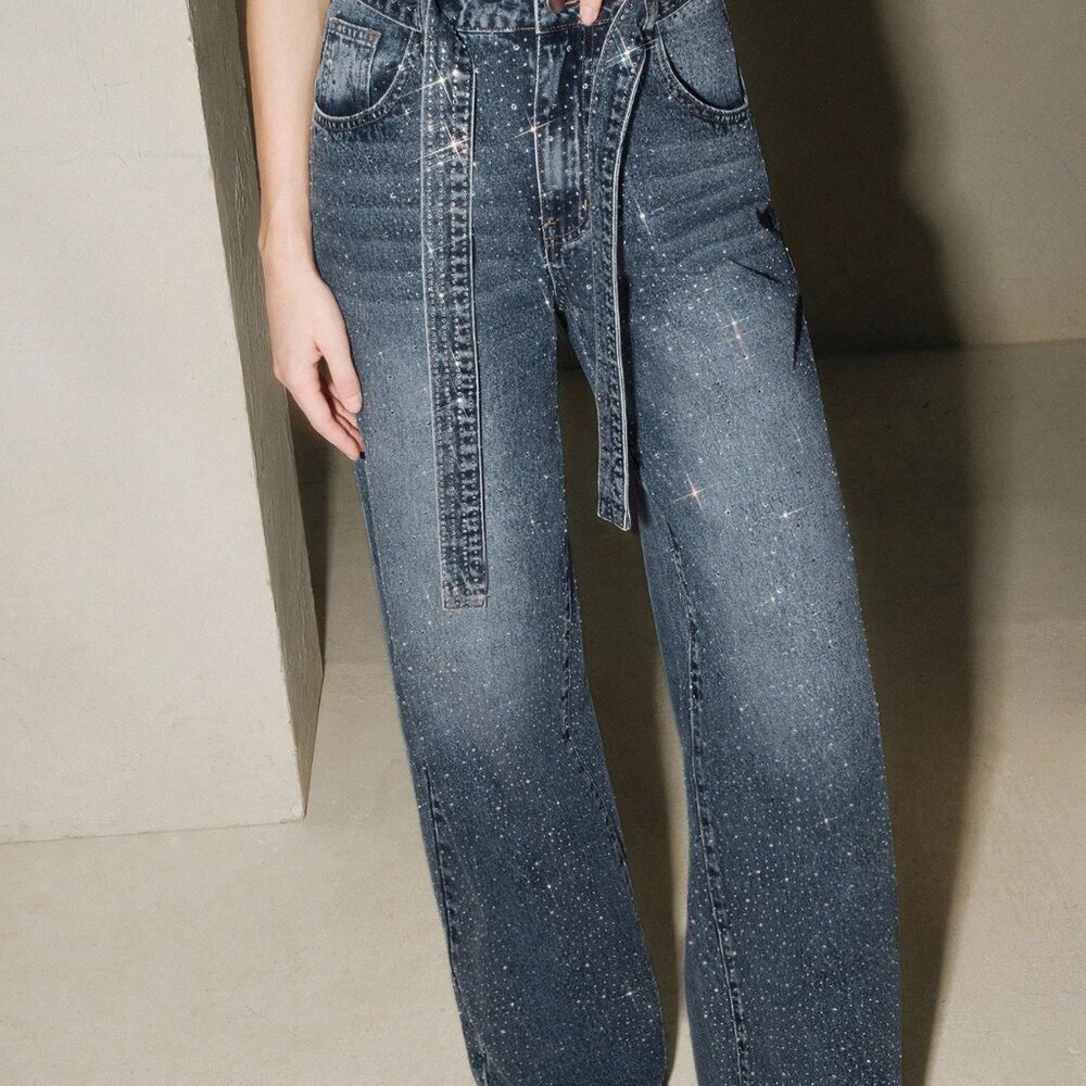 Blue Party Women's Rhinestone Straight Leg Baggy Denim Jeans - Picture 6 of 7